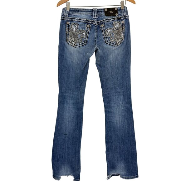 Miss Me Easy Bootcut Jeans 26 Fleur-De-Lis Embellished Ripped Patch Grunge - Picture 7 of 14